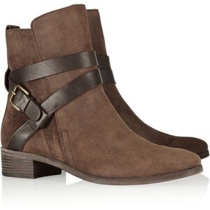 See By Chloé Janis Brown Suede Leather Straps Stacked Heel Ankle Boots Size 37.5